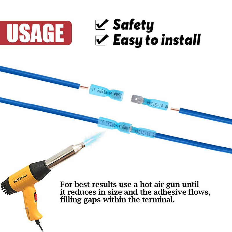 Hilitchi 100Pcs Nylon Heat Shrink Fully Insulated Female Male Spade Wire Electrical Crimp Terminal Quick Wiring Connector (50 Male 50 Female Connectors Blue / 16-14AWG)