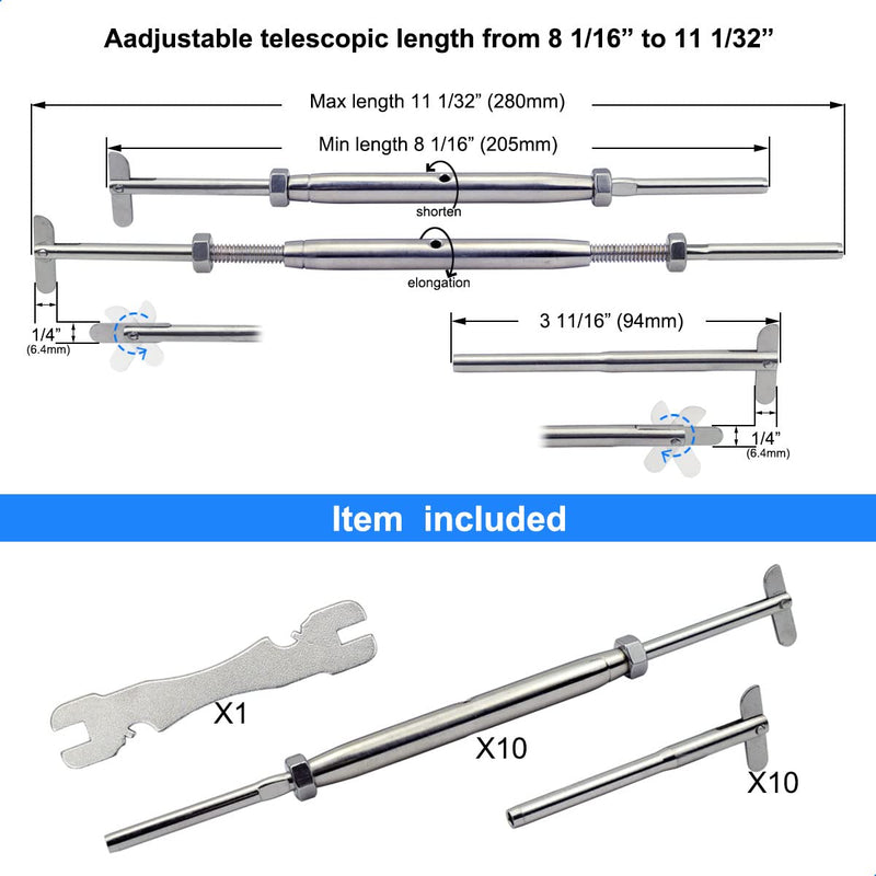 Stainless Steel Cable Railing Hardware Kit for Metal Posts 1/8 Cable Railing System, Drop Pin Turnbuckle 10 Pair 1/8"