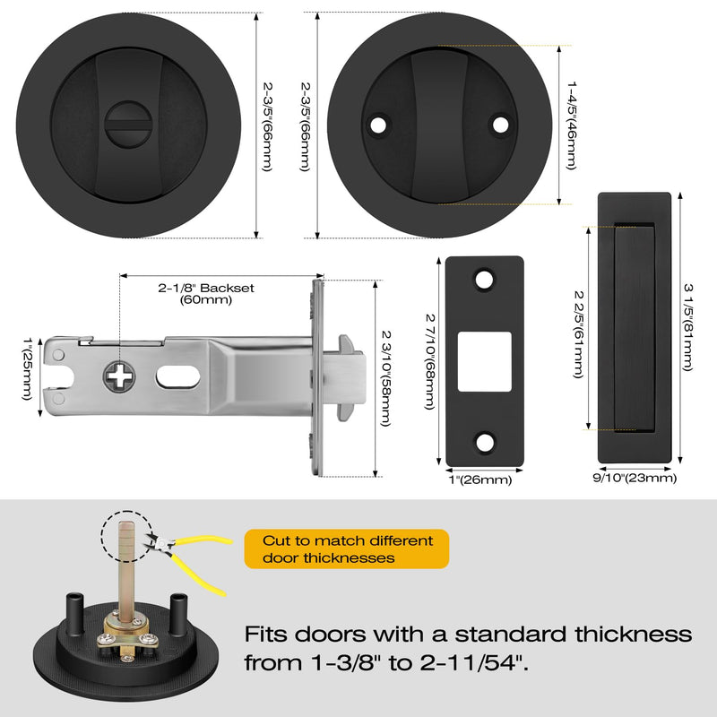 1 Pack Matte Black Pocket Door Lock, Keyless Privacy Pocket Door Hardware for Bedroom Bathroom, Sliding Pocket Door Handle with Edge Pull, Reversible for Left/Right Doors Round - 1 Pack Privacy + PLB