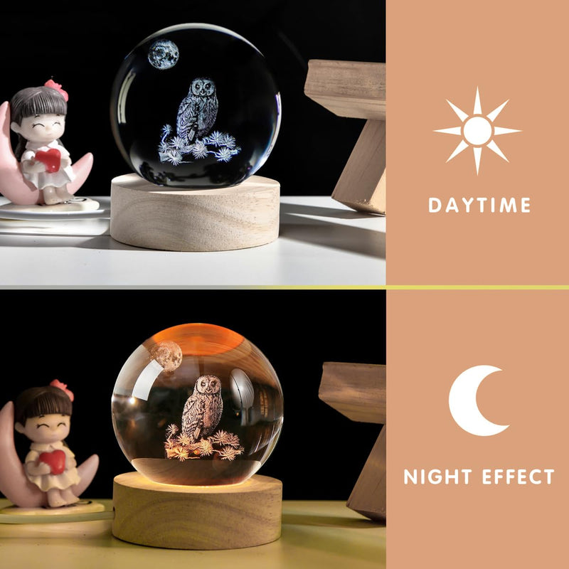 3D Owl Crystal Ball Night Light with LED Stand,Crystal Owl Figurine Lamp,Laser Etched Engraved Glass Paperweight,Owl Decor Gifts for Women Kids(2.4 in)