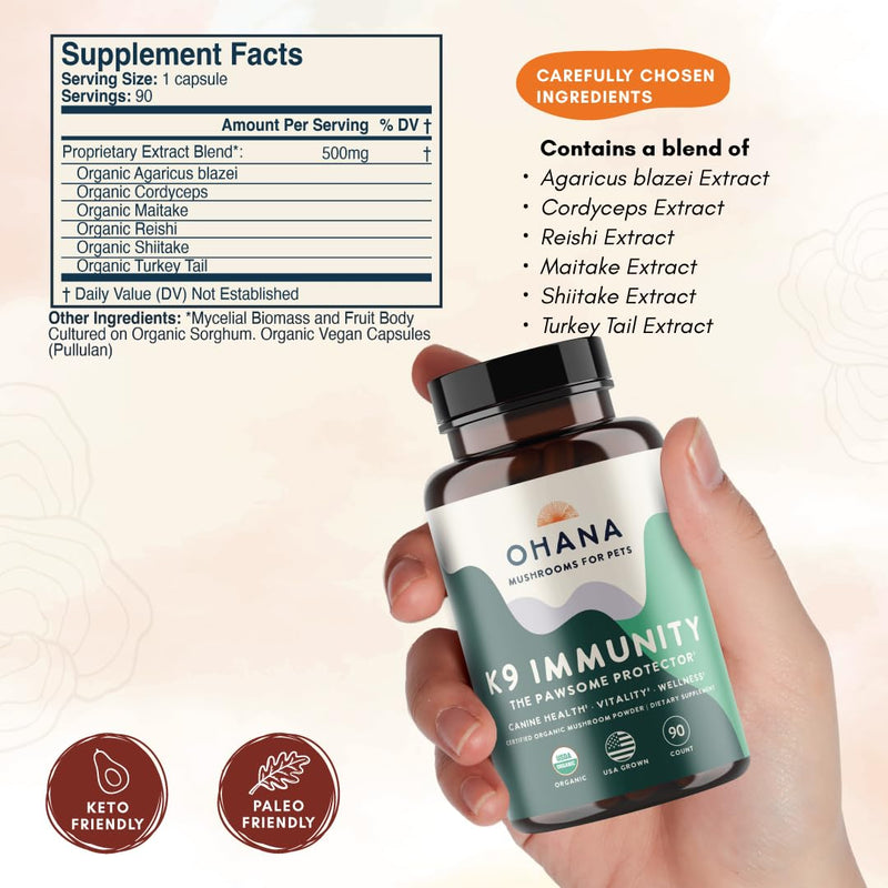 Ohana K9 Immunity, Dog Supplements, Contains 6 USDA Organic Mushroom Extracts for Dog Care, Non-GMO, Gluten-Free, 90-Capsule Bottle, Pack of 1 K9 Immunity Capsules 90 Count (Pack of 1)
