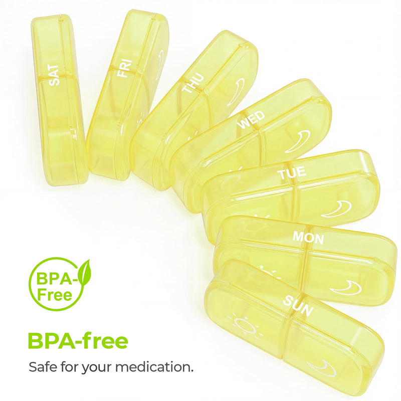 AUVON XL Weekly Pill Organizer 2 Times a Day, Pill Box 7 Day with One-Side Large Openings for Easy to Use, Black Privacy Protection AM PM Pill Case for Medication, Vitamins, Fish Oils, Supplements Light Yellow