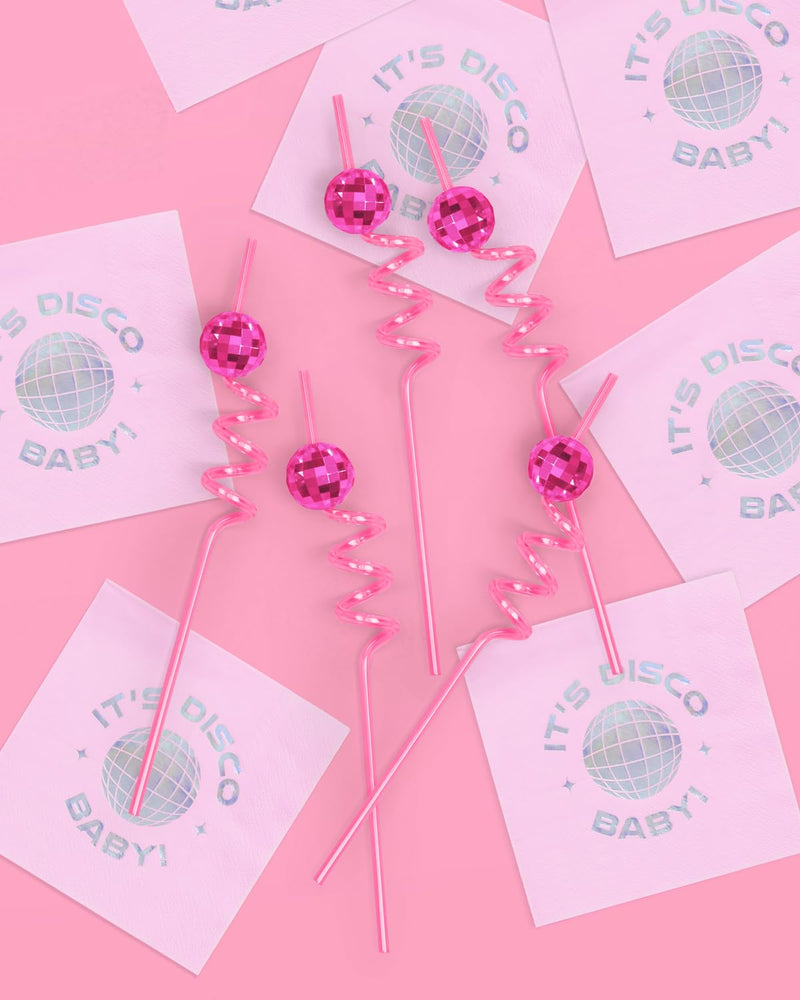 xo, Fetti Pink Disco Ball Reusable Swirly Straw Set - 16 pc | Groovy Birthday Party Supplies, Last Disco Bachelorette Decorations, 70s Baby Shower, Space Cowboy Favors