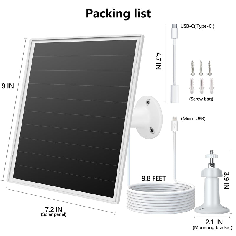 8W Solar Panel for Outdoor Security Camera, 5V Micro USB and USB - C Solar Panel Charger ，Fits Eufy/Wyze/Reolink DC 5V Output, IP65/360° Adjustable, 9.8ft Cable, Fast Charging white-1Pack