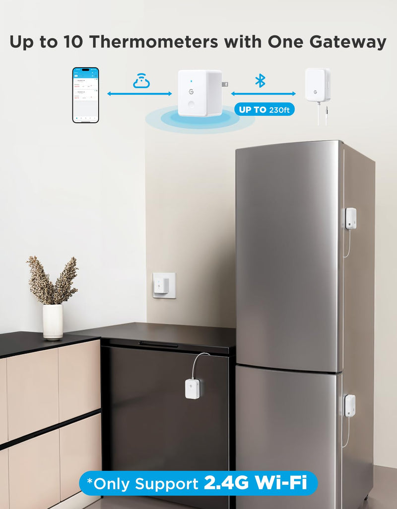 GoveeLife WiFi Refrigerator Thermometer with Alarm, Wireless Digital Freezer Temperature Gauge with App, 2 Years Free Data Export, for Home Kitchen Fridge Hot Tub 2 Pack（Only Support 2.4G Wi-Fi） 1 Gateway+2 Sensor