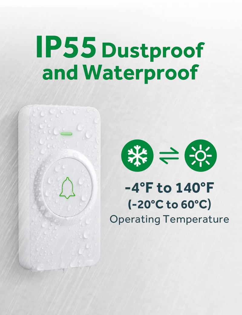 AVANTEK Wireless Door Bell, CW-12 Mini Waterproof Doorbell Chime Operating at 1000 Feet with 52 Melodies, 5 Volume Levels & LED Flash 2 Receivers White
