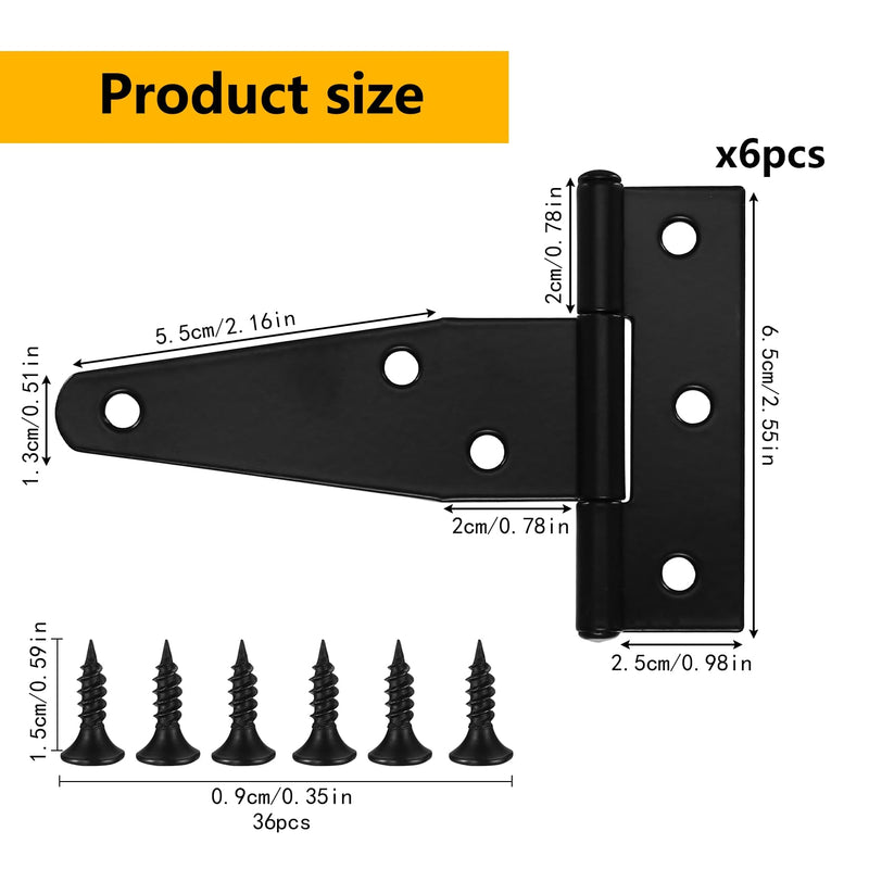 6 Pack 3 Inch T Hinges Shed Door Hinges, T-Strap Gate Hinges, Heavy Duty Black Outdoor Tee Hinge for Wooden Fences, Barn Door Gates Hinges for Shed Door Hardware Hinges 6