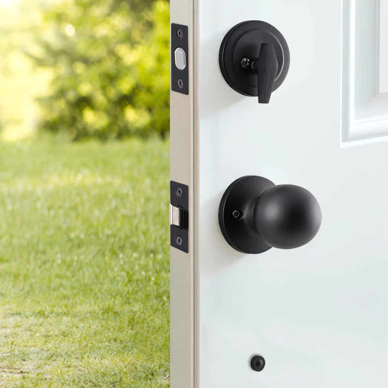 Natsukage Front Door Handle and Lock Set - Matte Black Entrance Handle With Deadbolt and Knob - Heavy-Duty Adjustable Entry Lock - Reversible for Right & Left Handed Traditional (Arc shape+Knob Handle)