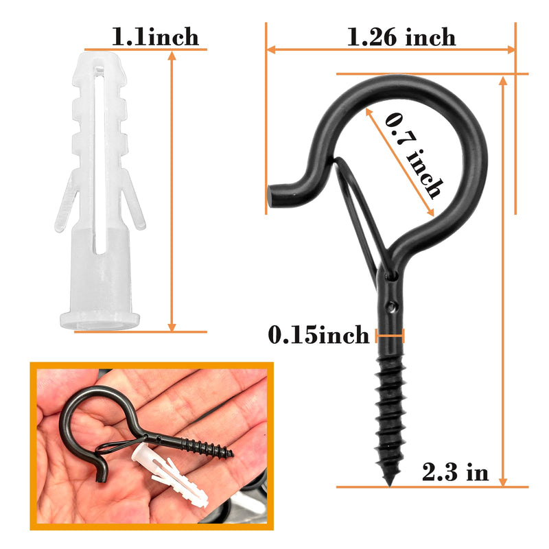 25 PCS Q Hanger Hooks with Safety Buckle, Windproof Screw Hooks for Hanging Outdoor String Lights, Christmas Lights,Cups, Decors,2.3 Inches, Black 25pcs