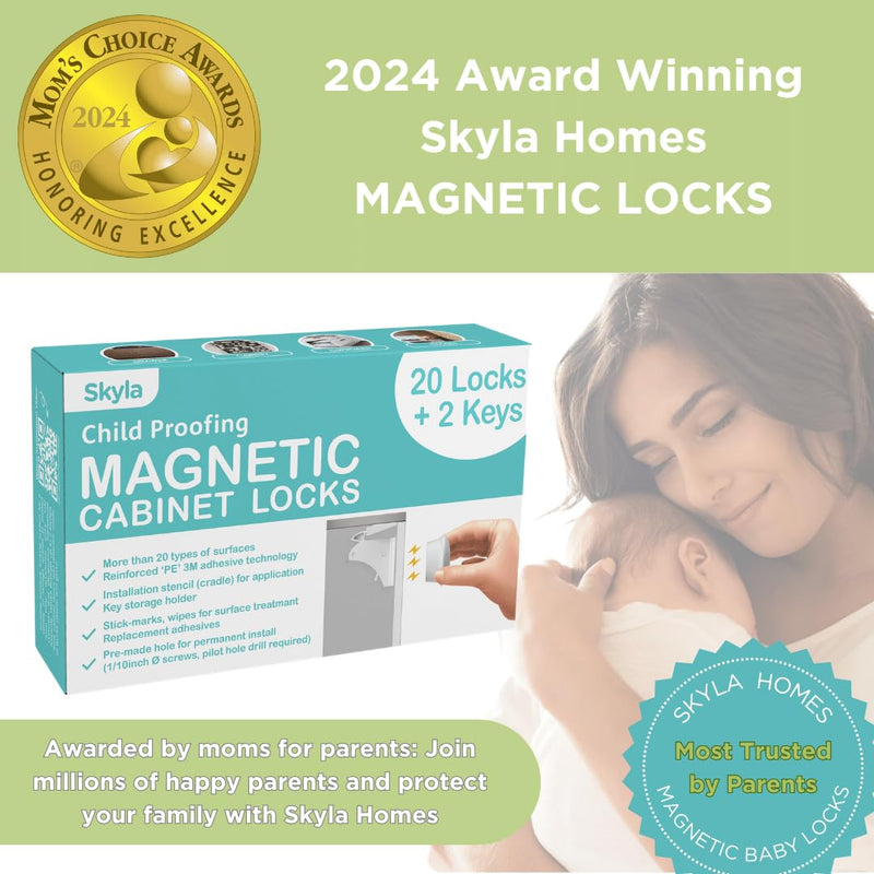 SKYLA HOMES Magnetic Cabinet Locks Baby Proofing Child Safety - The Safest Quickest and Easiest Multi-Purpose 3M Adhesive Child Proof Latches, No Screws or Tools Needed (20 Pack) 20 Pack