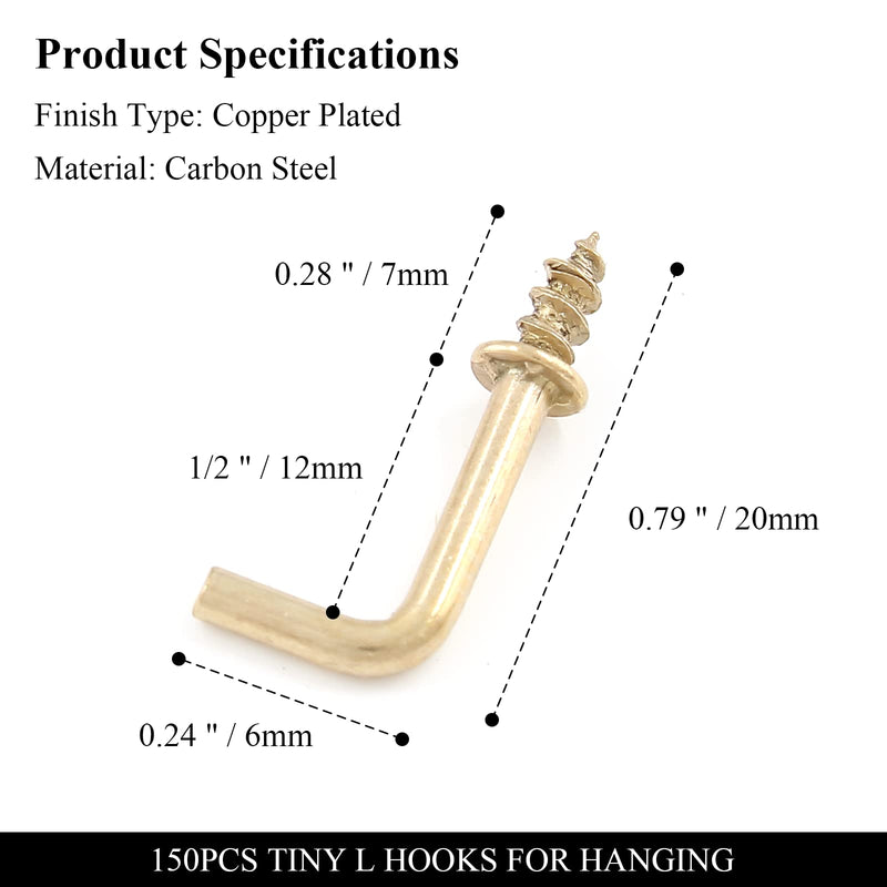 Bivethoi 150pcs Tiny L Hooks for Hanging, Mini Right Angle Screw Hooks 1/2 Inch Square Bend Hooks, Gold L Shaped Hooks 90 Degree Screw Hooks, 7 Shape Hook Self Tapping Screw Hooks Metal Screw in Hooks