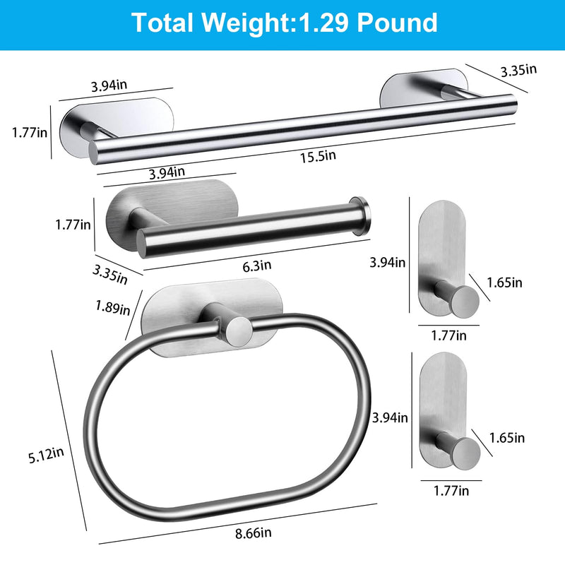5 Pieces Bathroom Hardware Set,Towel Bar Set Stainless Steel Wall Mounted,Includes 16In Hand Towel Bar, Towel Ring, Robe Towel Hooks,Toilet Paper Holder, Bathroom Towel Rack Set Silvery 5