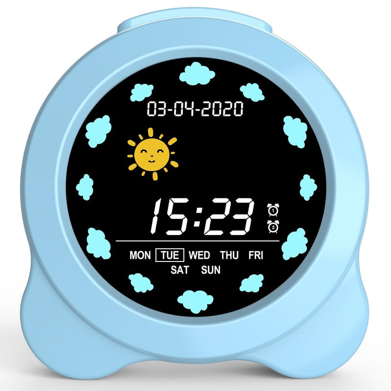 Kids Alarm Clock, Sun & Moon LED Display with Day & Date, Children's Sleep Trainer with Night Light & Sleep Sounds, Cute Wake Up Clock for Kids Bedroom, Easy to Use Birthday Gift for Boy and Girls Sky Blue