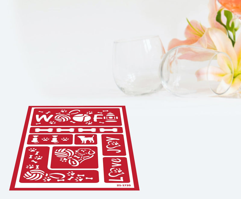 2 Glass Etching Stencils Reusable Template - Cat and Dog Stencils - Glass Etching Dogs Paw Print Etch Stencil, Puppies, Kittens Design - Self Stick Stencils Set with Brush