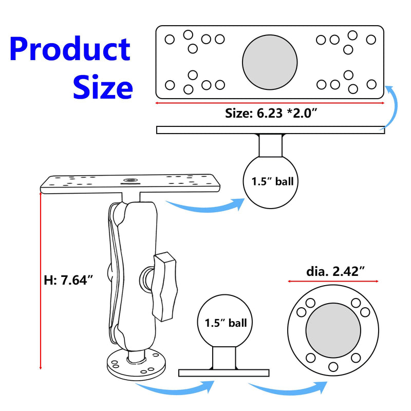 Fish Finder Mounting Bracket, Aluminum 1.5" Ball Mount Plate | Fish Finder Mount with 1.5" ball mount, aluminum arm bracket fits 5-12" fish finders, chartplotters and marine electronics. 1.5"ball