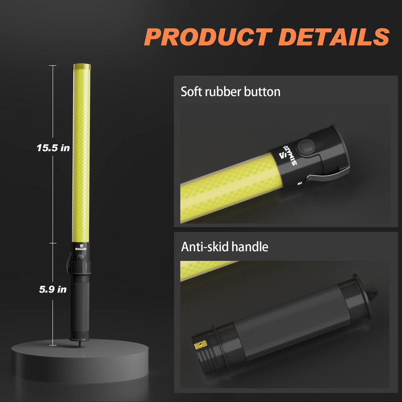 2 Pieces 21 Inch Signal Traffic Wand with 3 Flashing Modes & 6 Led Lights, Traffic Safety Baton with Wrist Strap for Air Marshalling, Car Directing, Parking Guides (Yellow) Yellow 2 Pack