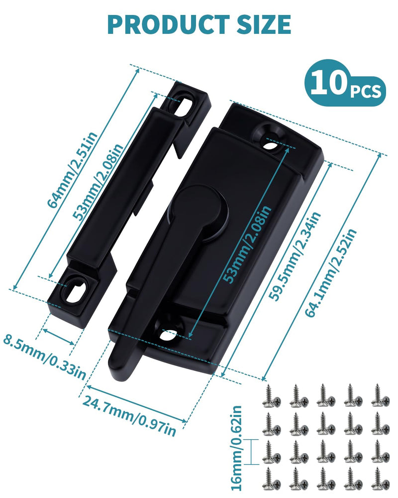 10 Pack Window Sash Locks - Cam Action Security Window Latch Replacement for Single/Double Hung, Vertical, Horizontal Sliding Windows, Window Locks for up and Down Windows (Black) Black 10