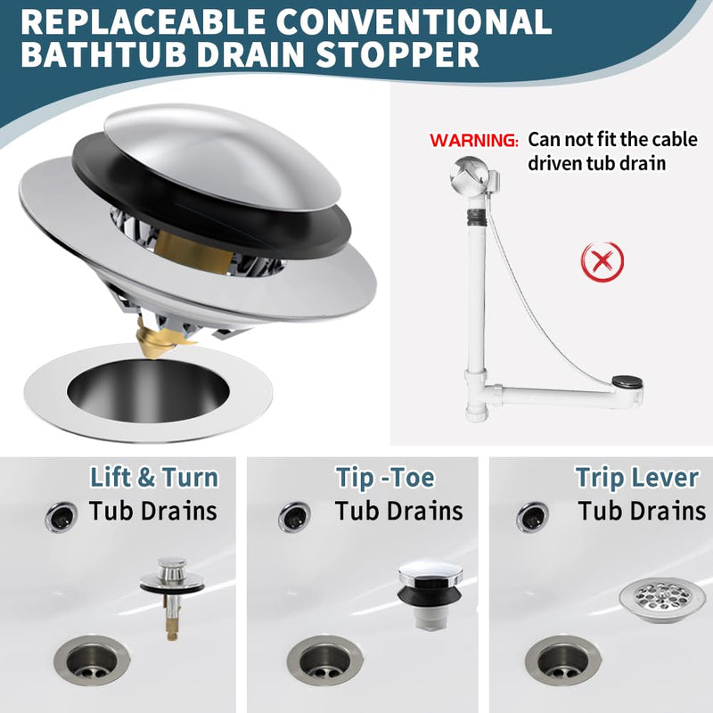 Upgrade Bathtub Drain Stopper with Hair Catcher, Pop Up Tub Drain Stopper, Anti Clogging Bathtub Drain Cover,Replaces Lift and Turn, Tip-Toe and Trip Lever drains for Tub, Easy Install and Clean Chrome Silver