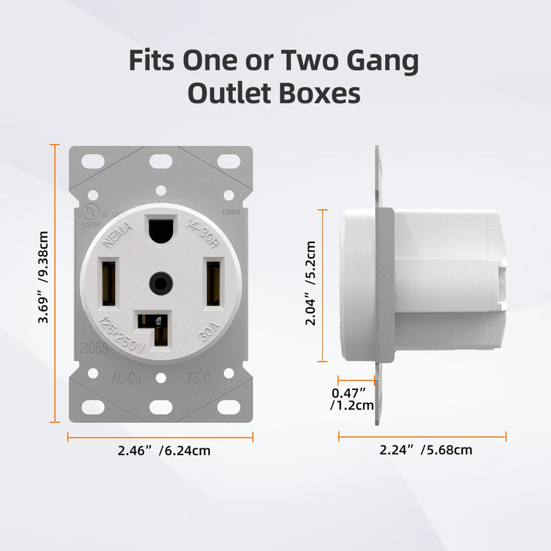 ELEGRP White 30 Amps 125/250V Dryer Outlet, Flush Mounting Power Outlet, NEMA 14-30R, Straight Blade Heavy Duty Dryer Receptacle, Grounding, 3 Pole 4 Wire, UL Listed, 1 Pack NEMA 14-30R Outlet