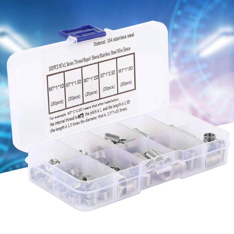 Coiled Wire Screws Sleeve 100Pcs M7x1 Coiled Wire Thread Repair Insert Sleeve Kit Stainless Steel Helicoil Type Screw Helical Threaded Inserts