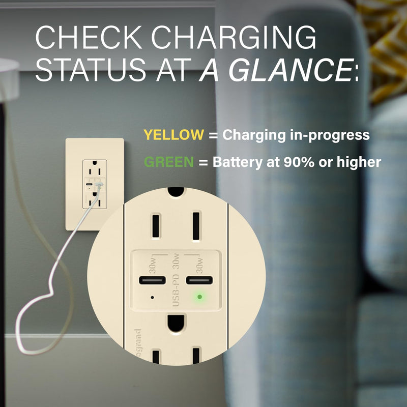 Legrand radiant R26USBPDLA 15 Amp Tamper-Resistant Decorator Duplex Receptacle Outlet with Ultra Fast USB C/C 6.0A Charging Ports PLUS 30W Power Delivery, Light Almond (1 Count)