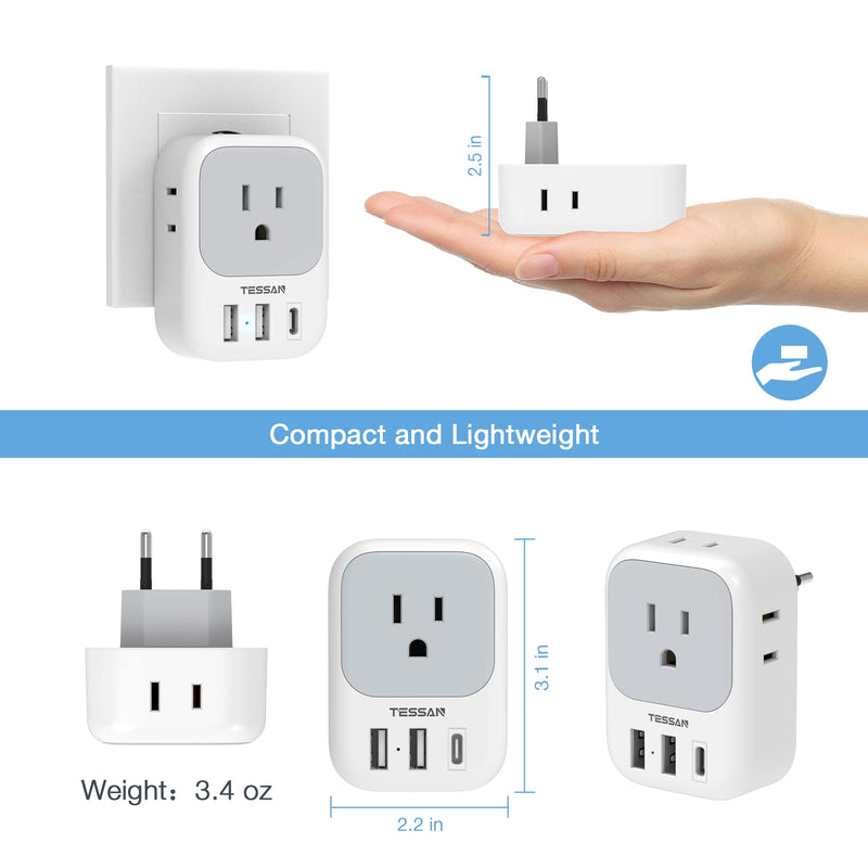 2 Pack European Travel Plug Adapter USB C, TESSAN US to Europe Plug Adapter with 4 Outlets 3 USB Charger, Type C Power Adaptor to Italy Spain France Portugal Iceland Germany, White Gray Type C-Most of Europe