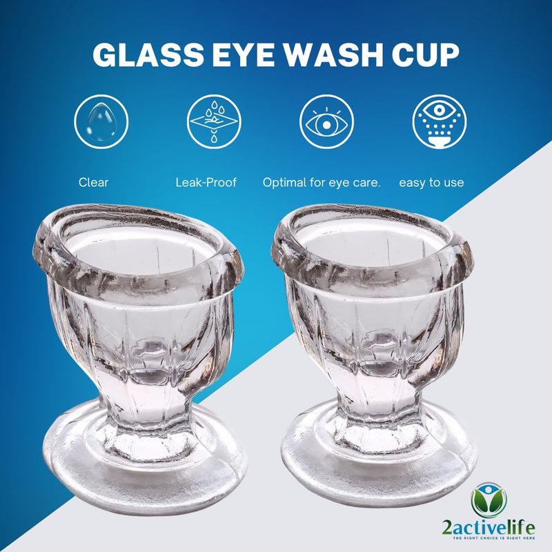Glass Eye Wash Cups (Set of 2) with Storage Container | Eye Cleaner Solution for Tired Eyes, Eyestrain, Makeup, and Dust | Eye-Shaped Rim for Eye Rinse and Cleansing - Transparent