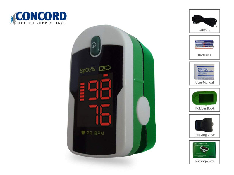 Concord Fingertip Pulse Oximeter with Reversible Display - Blood Oxygen Saturation Monitor with Carrying Case, Batteries and Lanyard - Easy to Use, Accurate SpO2 & Pulse Measurement (Emerald) Emerald Green