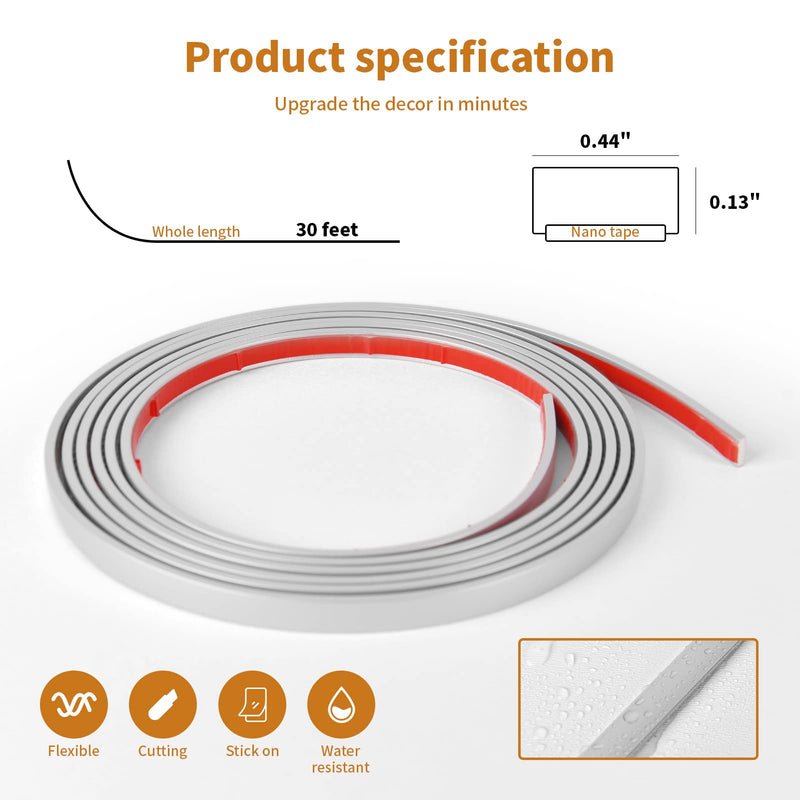 Wowstar 30 Ft Peel and Stick Trim, Molding Trim for Walls, Edges, Borders, Window Frames, Backsplash Tiles, Flexible and Self Adhesive Trim, Silver 30 Feet