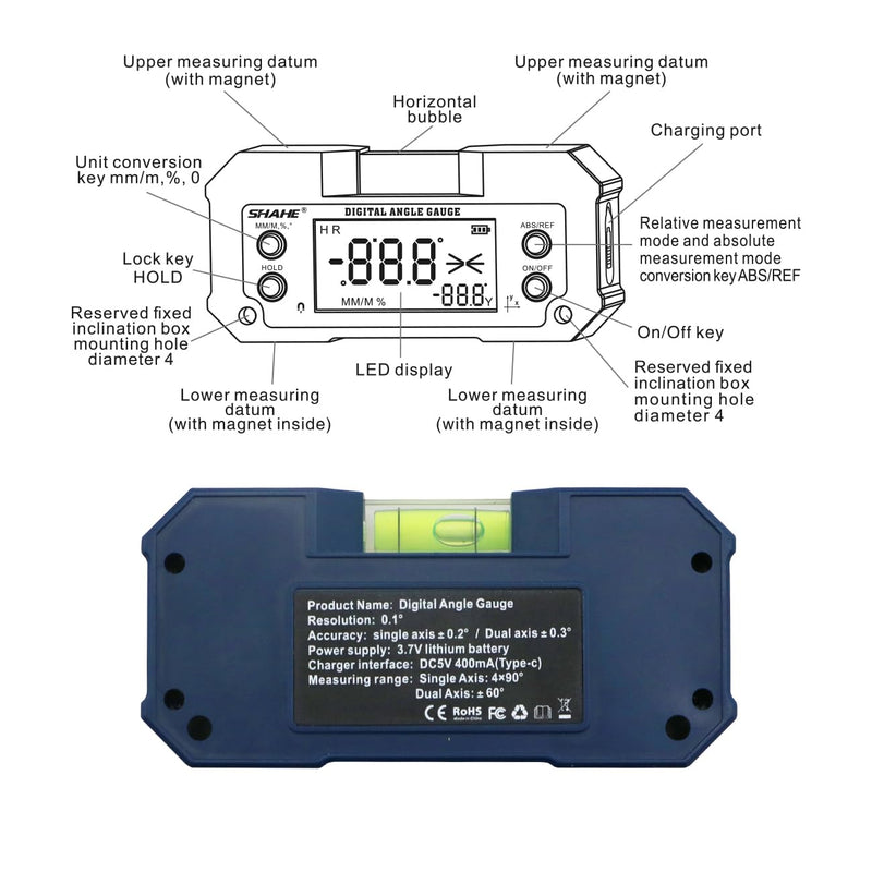SHAHE Dual Axis Digital Protractor Inclinometer Rechargeable Digital Angle Gauge Mini Magnetic Electronic Level Box