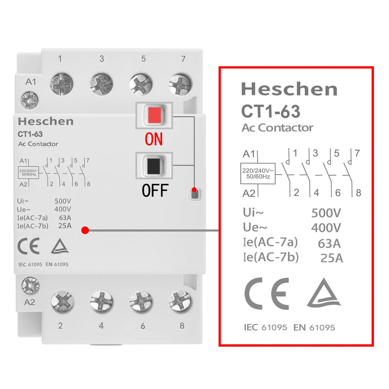 Heschen Household AC Contactor CT1-63 4 Pole Four Normally Open 220V/240V Coil Voltage 35 mm DIN Rail Mount