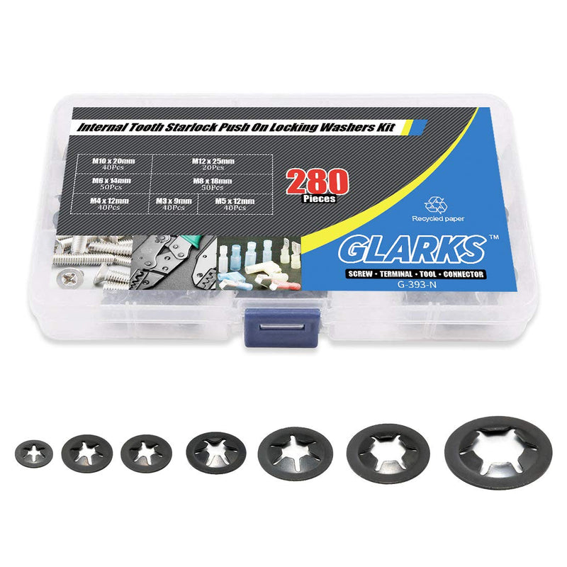 Glarks 280Pcs Internal Tooth Starlock Push On Locking Washers Speed Clips Fasteners Assortment Kit