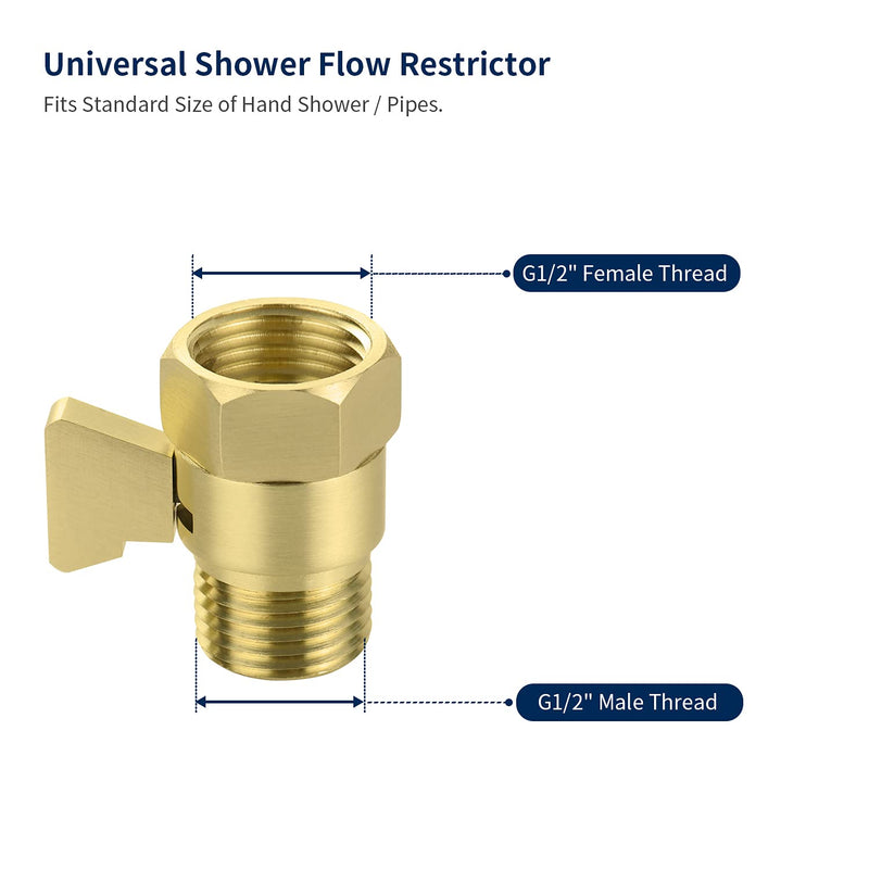 Tenfe Water Flow Control Valve for Shower Head, Glod Adjustable Water Pressure Regulator for Hand Held Shower Head Shut Off Valve, Brushed Brass Water Saver G1/2 Standard Connection