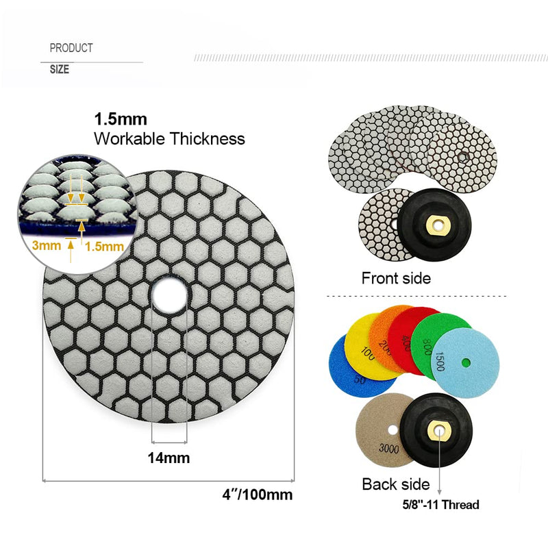 SHDIATOOL Dry Diamond Polishing Pads 4 Inch Set of 7 Pieces Plus a Rubber Backer for Granite Marble Stone Sanding Pads Mixed Grits+R backer