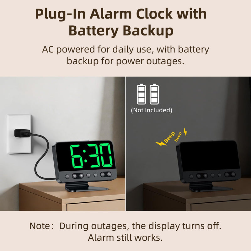Digital Alarm Clock with Large Numbers for Bedrooms: Bold Display Readable Across The Room with 5 Level Brightness - 5 Alarm Sounds 8 Night Lights for Kids Seniors Teens - Green Black - Green Digits