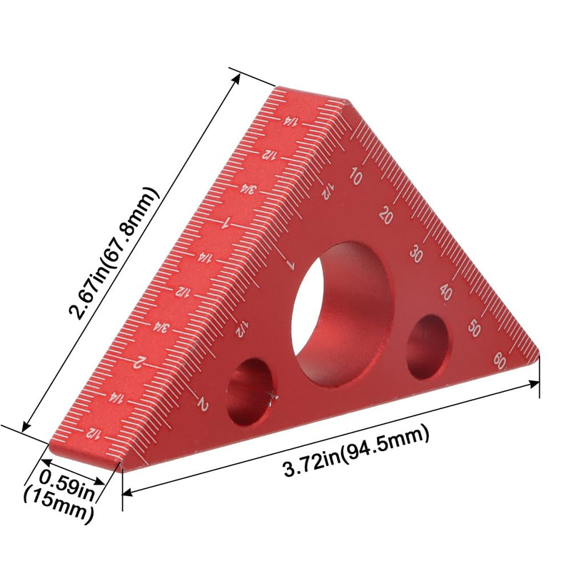 Aluminum 45/90 Degree Layout Thickened Triangle Ruler,Imperial and Metric Scales Isosceles Right Triangular high-Precision Measuring Ruler,Square Measuring Tool for Woodworking,MG-045R Red