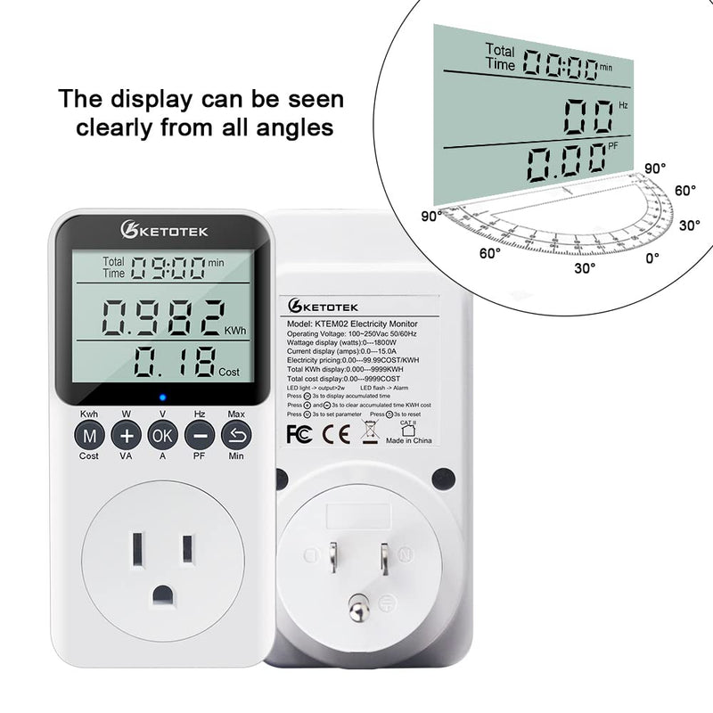 Watt Meter Plug-in Socket Power Meter, Kilowatt Wattage Voltage Tester, Home Electricity Usage Monitor Overload Protection, LCD Display Energy Voltage Amps Power Consumption Meter B0306USPRO