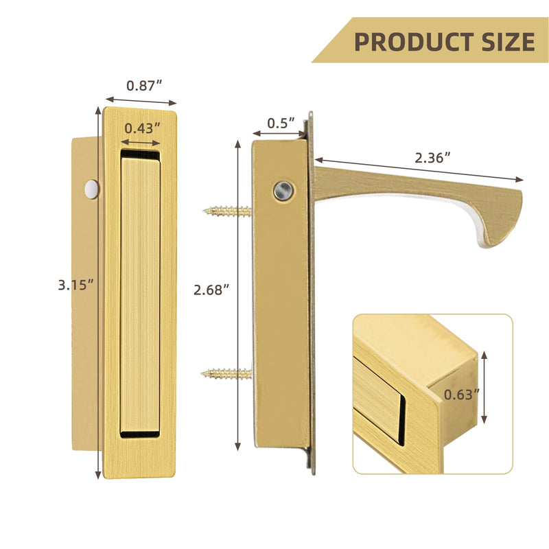 Pocket Door Handles and Edge Pull Brushed Brass, 6Inch Handles Hardware Latch,Recessed Finger Flush Pulls,for Closet,Sliding,Barn Door Model A Brushed Gold