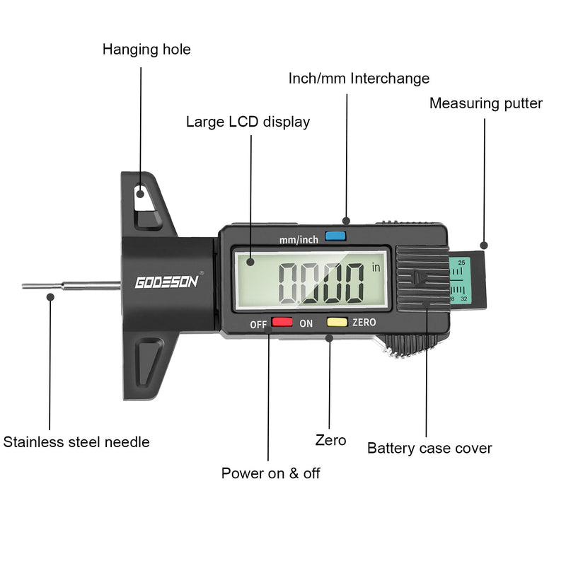 GODESON Tire Tread Depth Gauge,Digital Tire Tread Depth Gauge in 1Inch/25.4mm with Color-Coded Bar, Easy Read Tire Depth Gauge for Cars, Trucks, Motorcycles Digital Tire Tread Depth Gauge