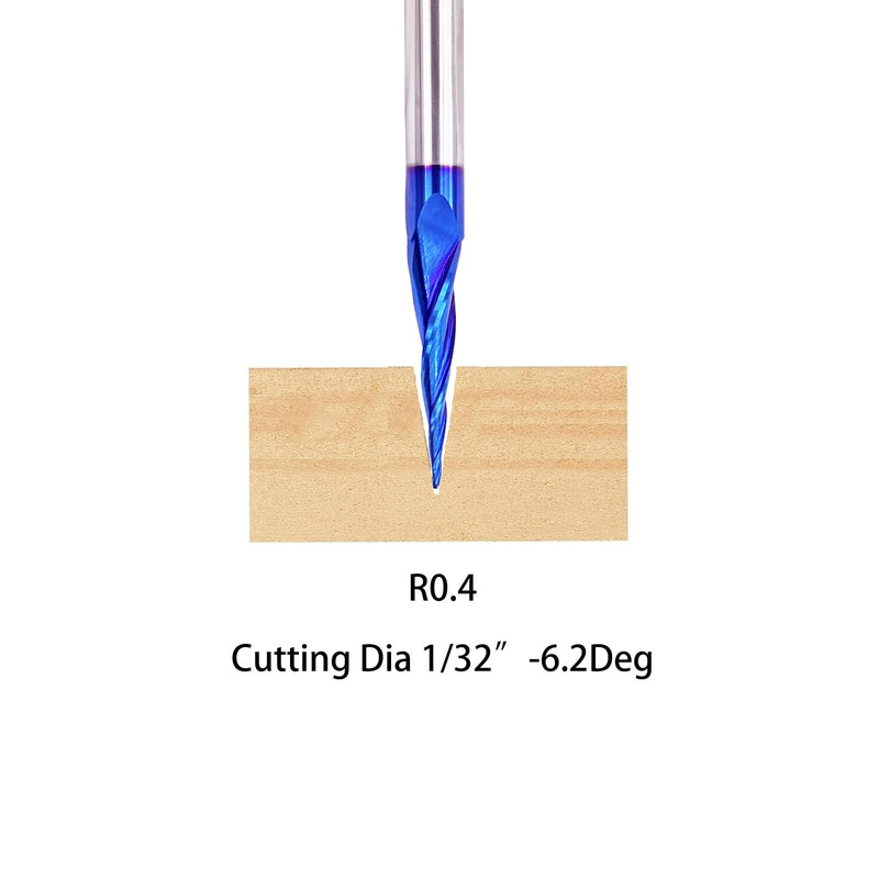 Tapered Ball Nose End Mills 1/4" Shank, 1/32" Cutting Diameter, 6.2 Degree, Solid Carbide CNC Router Bits wiith Nano Coated for 2D/3D Milling Engraving Carving BRB362 6.2Deg