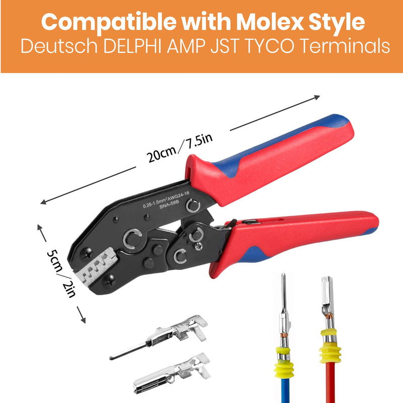 Wire Crimping Tool with Ratchet, Amliber Ratchet Wire Crimper Tool for Open Barrel Terminal Connectors, Electrical Crimping Tool for Molex Style Deutsch DELPHI AMP JST TYCO Terminals, 24-14 AWG