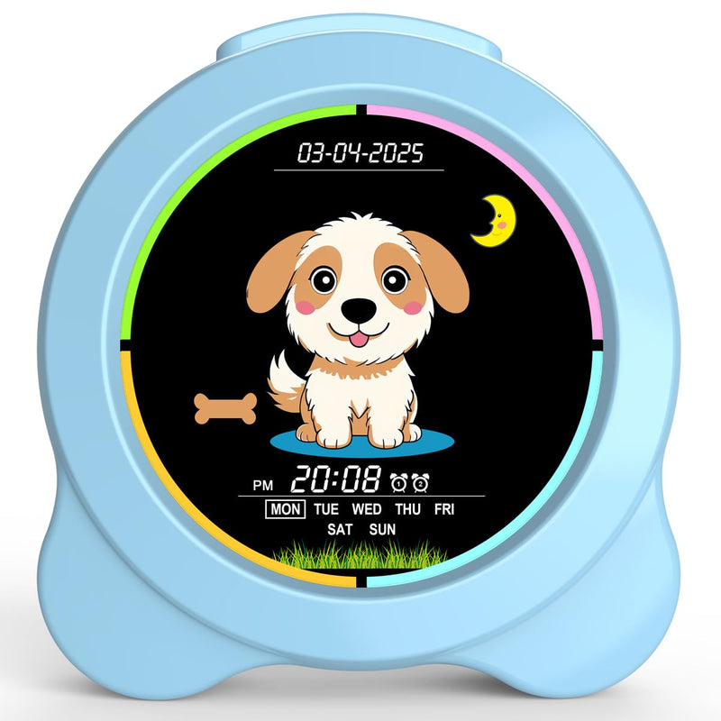 Kids Alarm Clock Sun & Moon& Dog LED Display with Day & Date OK to Wake Clock with Night Light for Kids Children's Sleep Trainer Gift for Boy and Girls Gog Blue