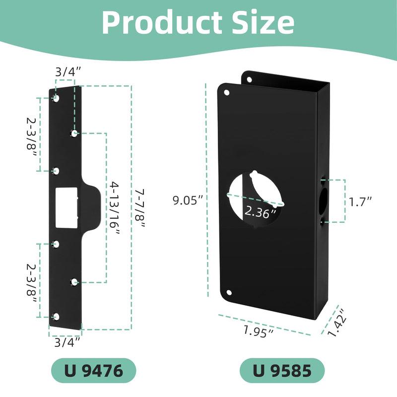 Door Lock Reinforcement Plate U 9585 1-3/8 inch x 9 inch Thick Stainless Steel and U 9476 Maximum Security Latch Strike (1-1/4 in. x 7-7/8 in.) Black