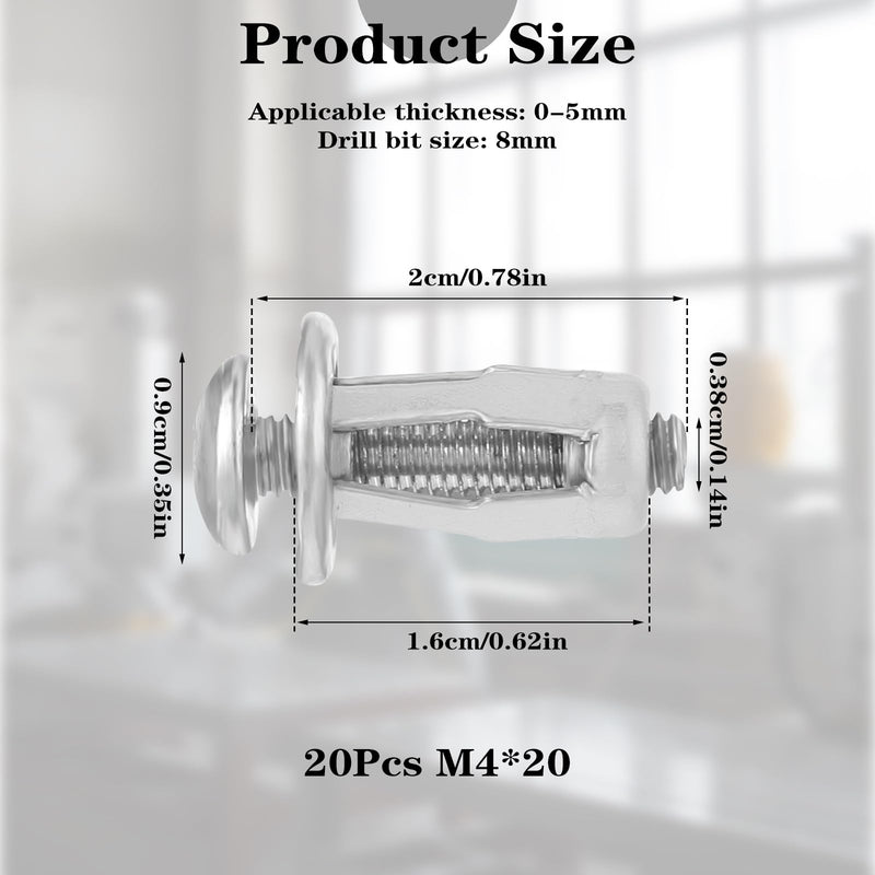 20 Pcs M4 Hollow Door Anchors and Screws, Hollow Metal Cavity Fixing Hollow Wall Anchors for Aluminium cladding Sheet Steel Pipe, Iron Sheet, Hollow Plastic Sheet Thin Walls(M4)