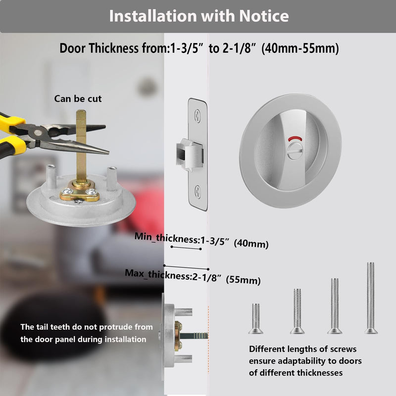 Round Pocket Door Lock with Indicator,1 Pack Satin Nickel Contemporary Privacy Pocket Door Hardware,Flush Pocket Door Latch(2-3/8" Backset) for 1-3/5" to 2-1/8" Thickness Door,Brushed Nickel Round Lock with Indicator - 1 Pack Brushed Nickel