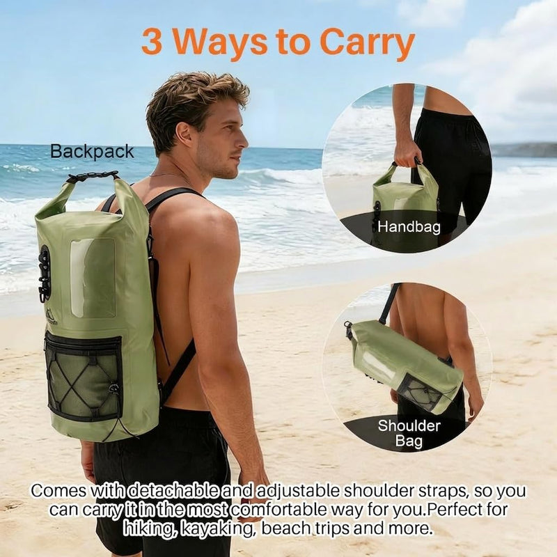 Waterproof Dry Bag 500D PVC Roll Top Dry Sack with 3 Carrying Ways, Lightweight Waterproof Bag for Kayaking, Swimming, Boating, Paddle Boarding, Hiking, Beach (Army Green, 25L) Army Green
