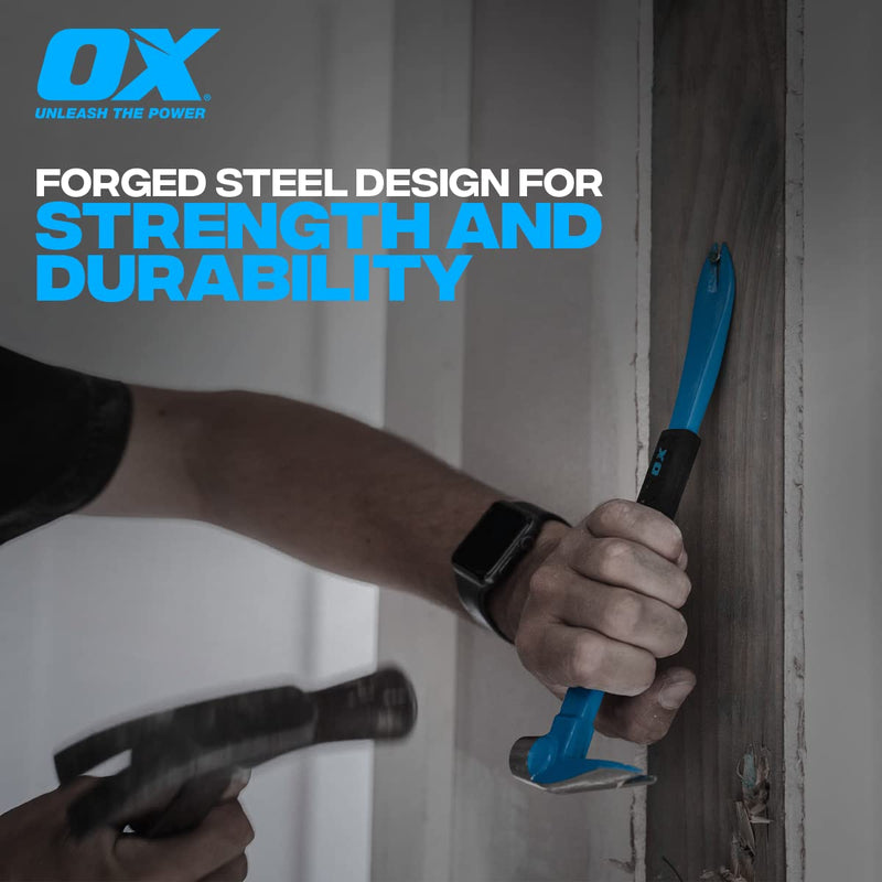OX Tools Unique Hammer Head 12" Pry Bar - Multi-Functional Tool with Cats Paw, Crowbar | Rubber Grip, Polished Beveled Claws - Forged Steel Design for Strength and Durability Claw Bar 12-Inch