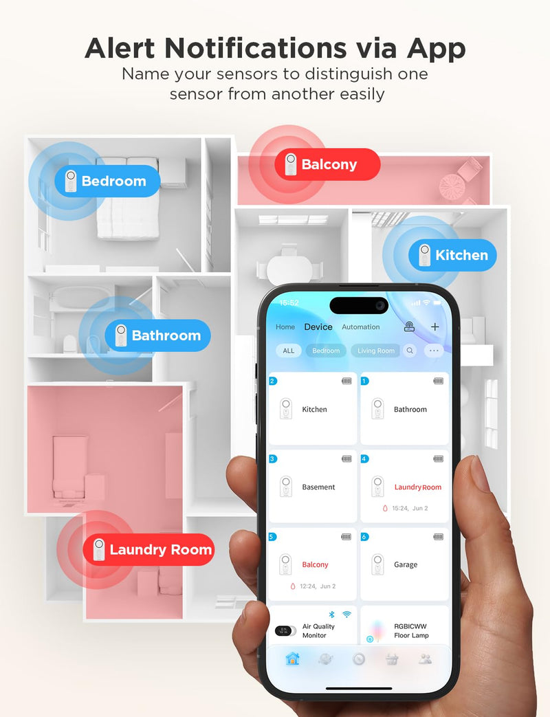 Govee WiFi Water Sensor 3 Pack, Smart Water Leak Detector, 100dB Adjustable Alarm Suit for Home and Basement, Water Leak Alert with Email & APP Push 3 sensor + Gateway