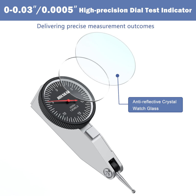 HDLNKAK 0-0.03"/0.0005" Dial Test Indicator with Portable Case, Test Indicator Featuring Three Steel Dovetail Mounts for Machinery Calibration and Tight Space Measurements.