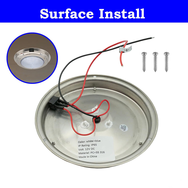 Marine Boat Dome Light, Dual Color 7" 12V Interior Cabin Lights with Toggle Switch, Stainless Steel Surface Mount (White|Blue) White | Blue